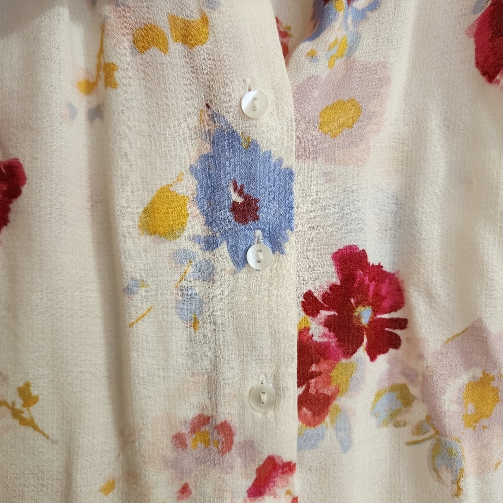 Lucky Brand Floral Blouse Medium Ivory Tie Front Long Sleeve Boho - Picture 12 of 14